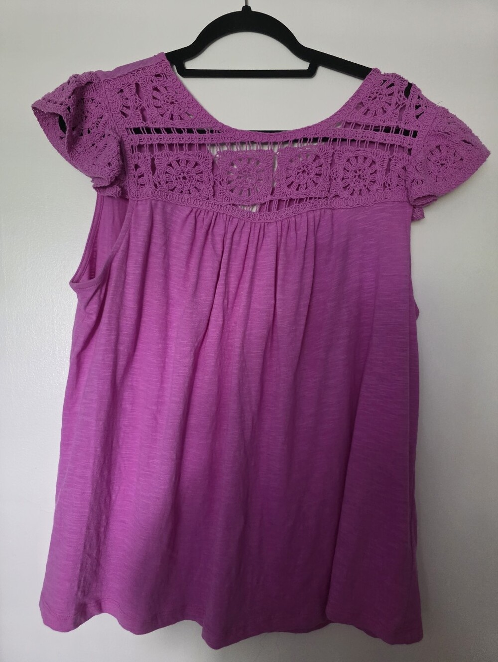 Crochet Yoke Short Sleeve Tunic Top - Pink ptp 23-24